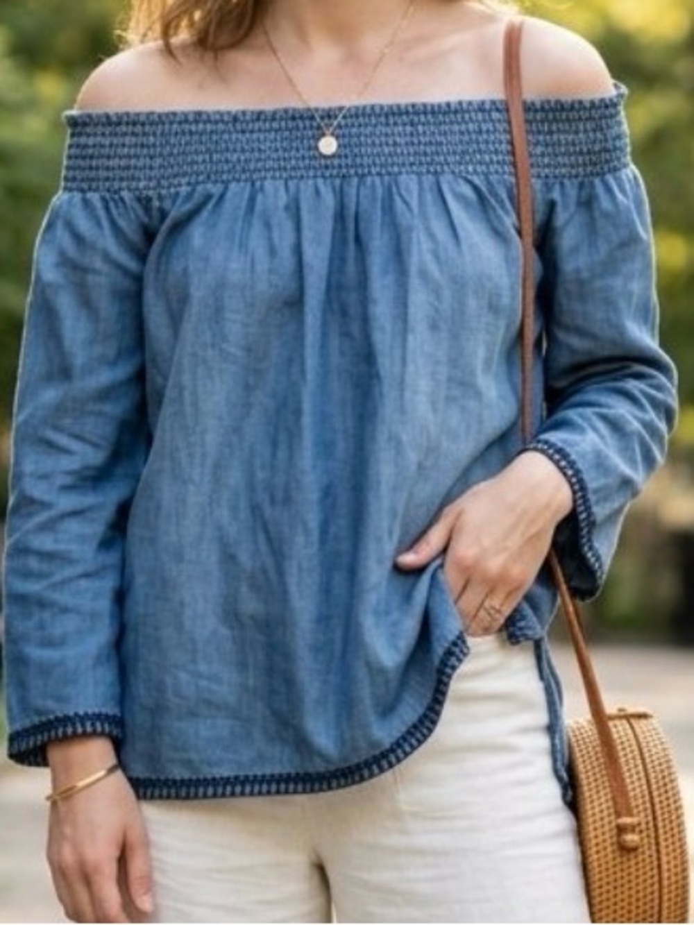 Bella Dahl Chambray Off-Shoulder Tunic in Blue